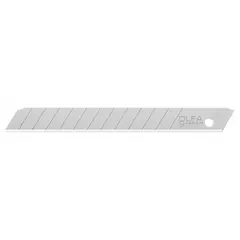 Steel blades with 13 snap-off segments, each 3/8 in wide and 0.35 in thick. Designed for precision cutting of cardboard, paper, vinyl, and thin plastics. The snap-off feature allows a fresh edge by removing dull sections, suitable for packaging, crafting, and light trimming tasks.