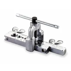 This handheld flaring tool produces single 45-degree flares on aluminum, brass, or copper tubing. Its steel construction handles tubing with a maximum wall thickness of 0.035 inches. Commonly used in HVAC and refrigeration applications to prepare tube ends for connections.