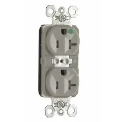 General purpose duplex receptacle rated 125V AC, 20A, 2-pole/3-wire with NEMA 5-20R configuration. Gray thermoplastic body. Suitable for use in commercial and industrial environments requiring standard 20A outlets.