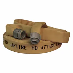 Attack fire hose with 1 3/4 in inside diameter and 25 ft length. Constructed of tan polyester double jacket. Equipped with NST x NH aluminum couplings featuring a rocker lug design. Used for delivering water or suppressants at high pressure in firefighting operations.