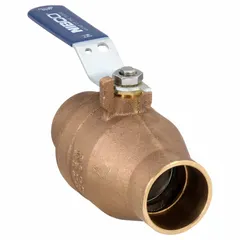 This NIBCO bronze ball valve features a straight pattern with sweat x sweat connections and a lever handle. Rated for a maximum pressure of 600 psi CWP, it is used for on/off flow control in plumbing, HVAC, and process piping systems handling water, oil, or gas.