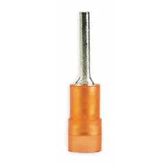 Insulated pin terminal with red nylon insulation and 0.075 in pin diameter. Butted seam style. Used for terminating stranded wire in control panels, industrial machinery, and electrical enclosures.