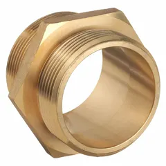 This brass rigid adapter connects fire hoses to hydrants or standpipes. It features NPT x NPSH threading and a straight hex design for secure installation. Compatible pipe size is 2-1/2 in x 2-1/2 in. Used in fire protection systems and municipal water supply applications.