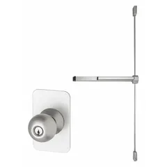 Aluminum surface vertical rod exit device with touchbar and knob trim. Designed for doors up to 3 ft wide. Suitable for commercial egress applications requiring push-bar operation.