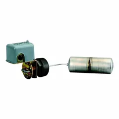 Side-mounted float switch with steel construction, DPST-2NO contacts that open on rise. Features a 45° float rod angle and screw clamp electrical connection. Requires minimum media specific gravity of 0.85. Used for liquid level detection in tanks and vessels.