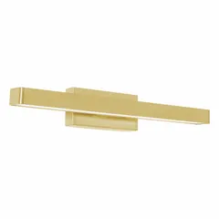 Wall-mounted integrated LED vanity light in satin brass finish. Provides 1,000 lumens with selectable color temperatures (2700K/3000K/3500K/4000K/5000K) at 20 W. Operates on 120 to 277V AC. Suitable for decorative lighting in vanity areas.