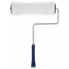 This spiked roller frame and cover set is designed for applying self-leveling materials on concrete surfaces. The 9-inch roller length and spiked style help release air bubbles and ensure even coverage. Suitable for floor coatings and industrial concrete finishing.