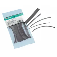 This heat shrink tubing kit includes eight pieces of black polyolefin tubing with a 2:1 shrink ratio. It contains two pieces each of 3/8 in, 1/2 in, 3/4 in, and 1 in inner diameters before shrinking, all 6 inches long. Suitable for insulating, protecting, and bundling wires from 0.25 in to 1.00 in in electrical applications