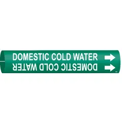 Green snap-on pipe marker with white legend reading 'Domestic Cold Water' and directional arrows. Fits pipe outer diameters from 2-1/2 to 3-7/8 inches. Used to identify domestic cold water lines in plumbing and facility piping systems, aiding in compliance with pipe-marking standards.
