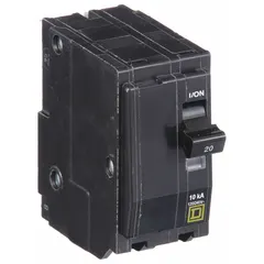 Plug-in miniature circuit breaker for overcurrent protection in branch circuits. Rated 20 A, 120/240V AC, single phase, 2-pole with 10kA interrupting capacity. For use in QO Load Centers and NQ Panelboards.