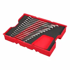 This 15-piece metric 12-point ratcheting combination wrench set from MILWAUKEE features a chrome finish and covers head sizes from 8 mm to 22 mm. The ratcheting box end allows for faster fastener turning in confined spaces. Suitable for general mechanical assembly, automotive repair, and industrial maintenance tasks. Includes a storage tray.