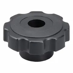 This 8-arm knob features a threaded through-hole for direct mounting on threaded shafts or studs. The plastic body with steel thread insert provides a secure grip for manual adjustment of machinery, valves, and fixtures. Diameter: 2.38 in. Thread: 1/4"-20.