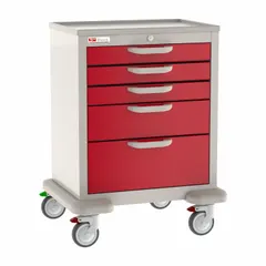 This METRO general medical supply cart features a polymer cabinet in taupe with red drawers. It is equipped with two swivel casters and two swivel casters with brakes for maneuverability and stability. Designed for organizing and transporting medical supplies and instruments in clinical environments.