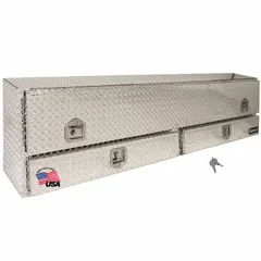 This topside truck box features a single flip-up door lid with a T-handle and keyed lock for secure storage. The integrated drawers provide organized access to smaller items. Suitable for use in service vehicles and trucks requiring compartmentalized tool and equipment storage.