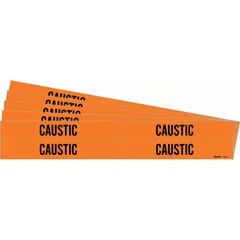 Orange adhesive pipe marker with black legend reading 'Caustic'. Designed for pipes with outer diameter from 3/4 to 2-3/8 inches. Pack includes 4 markers without directional arrows. Used for identifying pipes carrying caustic substances in industrial facilities.