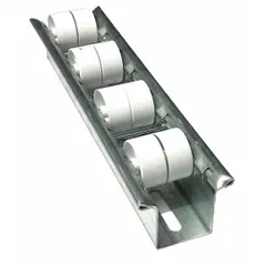 This light-duty skate wheel flow rail is used in gravity-fed material handling systems to move cartons, totes, and light packages along assembly lines or storage racks. It features an overall length of 10 ft, width of 3 in, inline wheel alignment, and plastic skate wheels. Rated at 35 lb/ft with 5 ft supports.