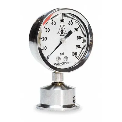 ASHCROFT Pressure Gauge: 0 psi to 60 psi, 2 1/2 in Dial, 1 1/2 in Tri-Clamp, Bottom - Dial 3-A Certified Sanitary Pressure Gauges