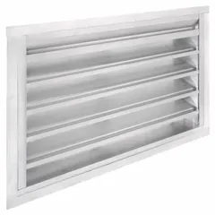 Extruded aluminum combination damper and louver with drainable blades, flanged design. Height 23 1/2 in, width 41 1/2 in. Maximum air velocity 3,000 fpm. Used in commercial HVAC systems for airflow control and weather protection in intake or exhaust applications.
