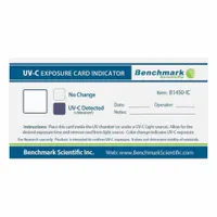Proprietary material indicator card for visual confirmation of UV-C exposure. Measures 5 inches overall length and 3 1/2 inches overall width. Compatible with UV CLAVE Model B1450. Used in disinfection cycles to verify adequate ultraviolet light exposure