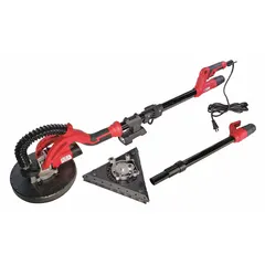 This corded drywall sander features a disc/triangle sanding head with hook-and-loop attachment for 7-inch and 9-inch abrasive sheets. It operates on 120 V power and includes a vacuum hose for dust collection. Suitable for sanding drywall joints and surfaces in construction and renovation.