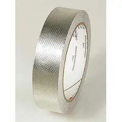 Silver, acrylic tape with embossed foil construction for electrical conductivity. 1/2 inch wide, 18 yards long, 4 mil thick, rated for 600 V. Used for EMI/RFI shielding, grounding, and splicing in electrical enclosures and cable assemblies.
