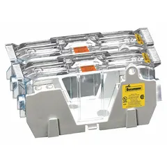 This 2-pole fuse block is designed for UL Class J fuses, rated 600 V AC. It features box lug terminals and a non-indicating, open block design. Typical applications include industrial power distribution, motor control centers, and panel boards for secure fuse mounting and wiring.