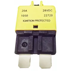 Plug-in mount automotive circuit breaker from the CB227 series. Rated for 28V DC with an interrupt rating of 2 kA at 28V DC. Features a blade terminal connection and Type III ATC footprint for automatic reset after fault clearance. Suitable for protecting wiring and components in 28V DC electrical systems.