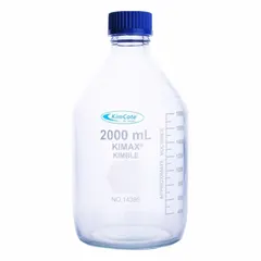Glass media bottle with 100 mL capacity, narrow mouth, and colorless body. Includes a GL 45 screw closure for secure sealing. Suitable for storing and dispensing laboratory media, buffers, and reagents in sterile applications.