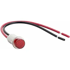 This LED indicator pilot light features a raised head design for high visibility and a 12 mm panel mounting hole diameter. It is equipped with 6-inch wire leads for electrical connection. Commonly used on industrial control panels, machinery, and automation systems to signal equipment status such as power, alarm, or operational states.