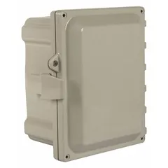 Nonmetallic enclosure constructed of polycarbonate with a solid hinged cover secured by a padlock hasp. Measures 20 x 16 x 8 inches and is rated NEMA 1/12/3R/4/4X for indoor or outdoor use where protection against dust, water, and corrosion is required. No knockouts are provided.