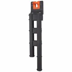 This plastic storage module organizes auger bits within an aerial bucket tool apron system. It measures 2 3/16 inches wide by 21 inches high and is colored gray and orange. Designed for use in bucket trucks, it keeps drill bits accessible and secure while working at height.