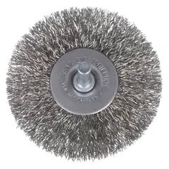 This light-cleaning brush features a crimped stainless steel fill of 0.012" and a 3" diameter by 1" width. It is designed for cleaning stainless steel surfaces, removing oxidation, light rust, and weld discoloration without contaminating the base metal. The brush has a 1/4" shank for use with power tools in metal fabrication, maintenance, and finishing tasks.