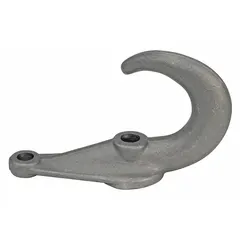 Forged steel tow hook for heavy-duty towing and recovery applications on trucks, trailers, and industrial equipment. Overall length 8 1/2 in, overall width 5 1/2 in, finished in silver. Provides a secure attachment point for pulling or lifting loads.