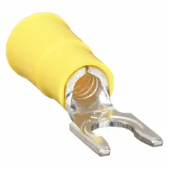 Insulated locking fork terminal from the TR Series with vinyl insulation and funnel barrel. Accommodates #10 stud size, 12 AWG to 10 AWG wire range, rated for 1000 V. Suitable for secure electrical connections in control panels, machinery, and power distribution applications.