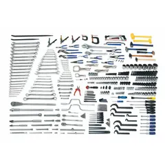 SAE tool-only set with 342 pieces including 98 sockets, 5 flare nut wrenches, 3 long-nose pliers, and 4 Phillips screwdrivers. Accommodates 1/4 in, 3/8 in, 1/2 in, and 3/4 in socket drive sizes. Used for mechanical assembly, repair, and maintenance tasks.