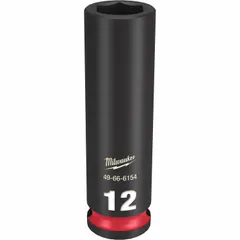 This 3/8" drive impact socket features a 12 mm metric size, 6-point deep design, and friction retention mechanism. It is used with impact wrenches for fastening and loosening bolts and nuts in applications such as automotive repair and industrial assembly.