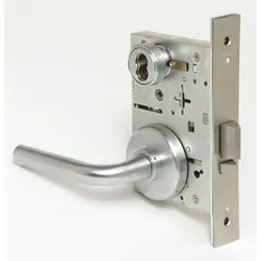 This BEST storeroom lever lockset is constructed of stainless steel with a satin stainless steel finish. It features an ADA-compliant lever, a 40H Rose style, and an interchangeable core for rekeying flexibility. Suitable for interior doors requiring privacy and access control, such as storage rooms, utility closets, or offices.