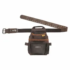 Brown leather tool pouch with 12 pockets and open-top closure. Attaches via belt slot for belts up to 2 1/2 inches wide. Designed for storing pencils and small tools, providing quick access on job sites.