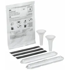 Molded resin splice kit rated for 10,000 V maximum. Includes electrical tape. Used for insulating and protecting electrical cable splices and terminations in high-voltage applications.