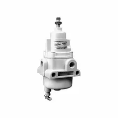 This BELLOFRAM filter regulator combines a 40-micron filter and a pressure regulator in a single unit. It features a 1/4 in NPT connection, 20 scfm flow capacity, and an adjustable output range of 0 to 60 psi. The aluminum body and fluorocarbon pintle provide chemical resistance. Used in compressed air systems to remove particulates and stabilize pressure for pneumatic equipment.