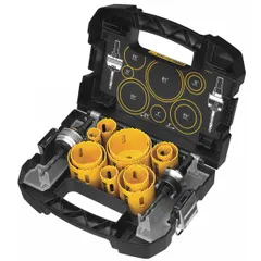 This 13-piece hole saw kit features bi-metal construction with 4/5 teeth per inch for cutting wood, metal, and plastic. Maximum cutting depth is 1-3/4 inches. Suitable for general construction, electrical, and plumbing applications requiring clean holes.