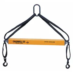 Adjustable fiberglass lifting beam with a 7,200 lb working load limit. Resists corrosion from battery acid for safe handling of heavy industrial batteries in maintenance and replacement tasks.