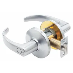 Office lever lockset with a 9K Curved Return Lever in satin chromium-plated zinc, chrome finish. ADA compliant for barrier-free operation. Equipped with Large Format Interchangeable Core (LFIC) for key control. F109 function suitable for interior commercial doors requiring key access from both sides.