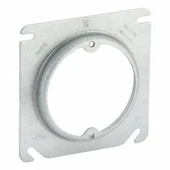 Steel plaster ring with an open/raised cover design. Overall dimensions of 4 by 4 inches with a 1/2-inch raised height. Used with standard electrical boxes to mount switches, receptacles, or low-voltage devices in walls or ceilings, accommodating plaster or drywall finishes.