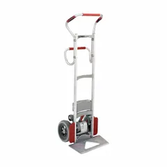 Electric stair-climbing hand truck with a 300 lb capacity, featuring a rounded-back aluminum frame and 10-inch flat-free wheels. Four-position extended design allows adjustment for various load sizes. Full charge time is 4.5 hours. Used for moving heavy loads up and down stairs in warehouses, delivery routes, and industrial facilities.