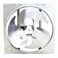 Standard direct-drive panel exhaust fan with a 24-inch blade, 1/2 hp motor, and 5658 cfm airflow. Operates on 115/230V AC single-phase power with a single speed. Features a totally enclosed air-over motor with Class B insulation and a galvanized steel frame. Assembled unit without intake guards, suitable for general ventilation in industrial and commercial facilities.