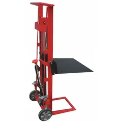 This hand-truck-style platform lift from Dayton has a 750 lb capacity and a steel platform measuring 22 in L x 22 in W. It lifts from 1/2 in to 54 in using a foot pump and includes two axle-mounted casters for mobility. Typical applications include positioning loads at workbenches or loading docks in warehouses and factories.