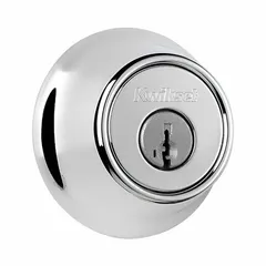This KWIKSET deadbolt is a standard cylindrical type for doors up to 1 3/4 in thick. It features a bright chromium-plated finish and a Kwikset KW1 keyway. The core is included. This model is not ADA compliant.