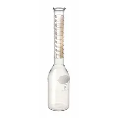 These KIMBLE Babcock bottles are 10 mL glass lab bottles with a narrow mouth and colorless body, measuring 165 mm. Each pack includes 12 bottles. They are used for testing butterfat content in dairy products, allowing precise measurement and observation.