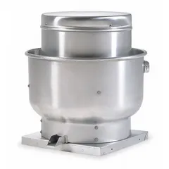 Belt-drive centrifugal upblast fan for roof or wall mounting. Includes drive package. Delivers 2,366 cfm exhaust airflow at 0.000 in SP. Single-speed motor operates on 115/208-230V AC. Square base, 13 1/4 in wheel, open dripproof enclosure. Not for high-static-pressure applications.